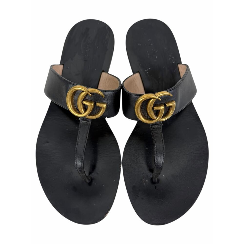 Gucci Black Leather Thong Sandal Gold Double G Logo Size 36.5 - Picture 3 of 14
